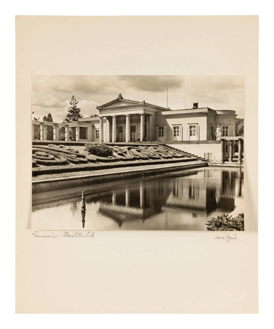 Max Baur, Potsdam: mounted photograph of a columned building, formal garden and reflecting pool, captioned and signed below