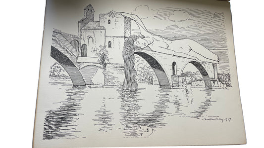 Illustration in Man Ray and Paul Éluard's Les Mains Libres (1937), showing a reclining nude stretched across an arched bridge.