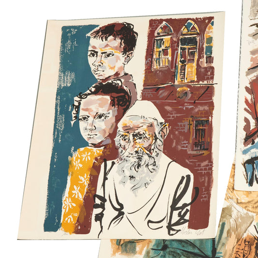 Moshe Gat, People in Israel: color print of three figures beside arched windows, with pencil marks in the lower margin