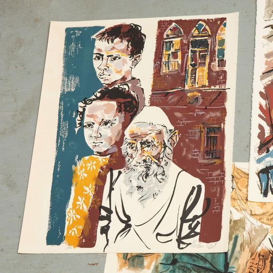 Moshe Gat, People in Israel: color print of three figures beside arched windows, with pencil marks in the lower margin