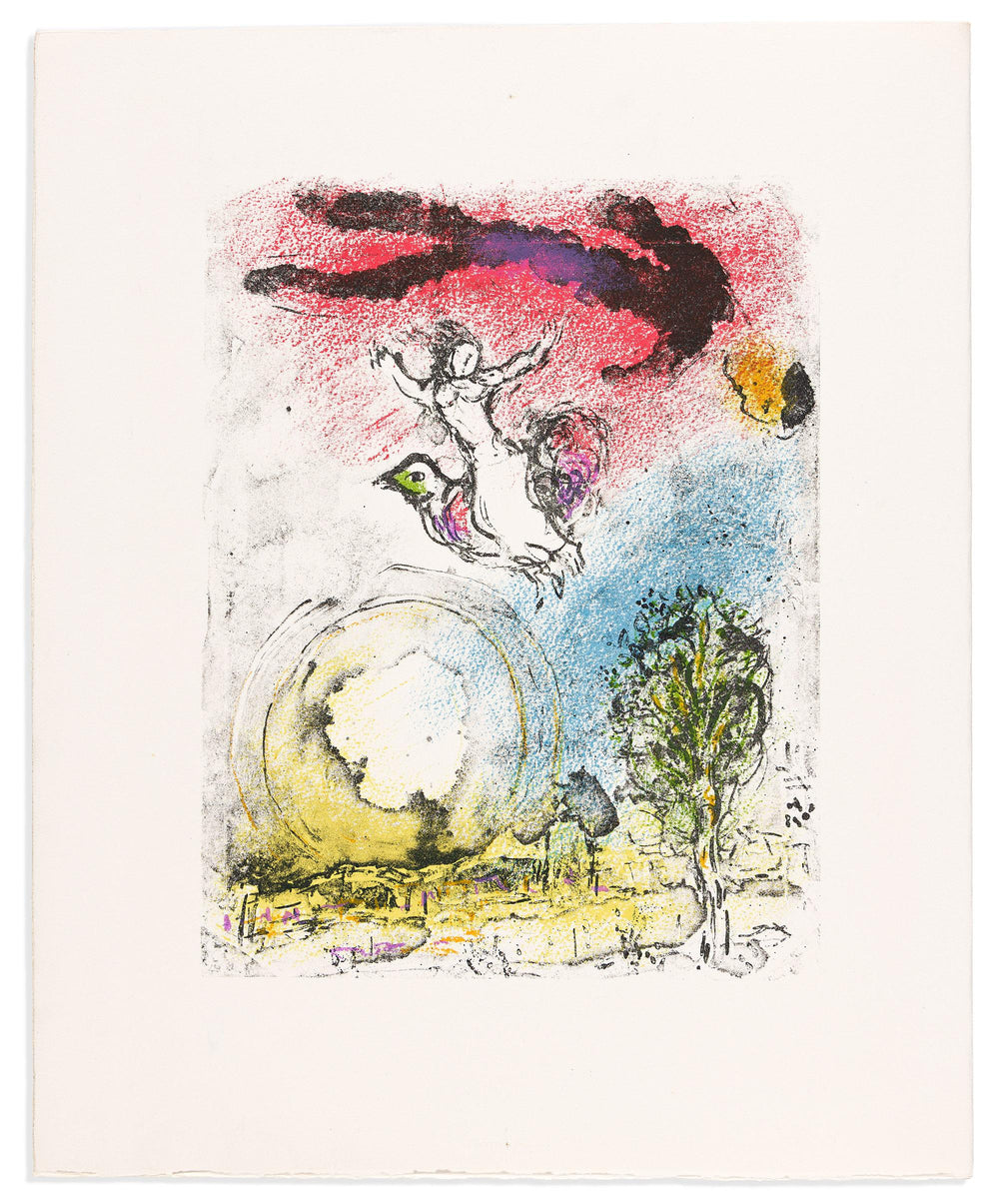 Color print of Marc Chagall's La Poésie (1976), showing a figure riding a bird above a large yellow circle and a tree.