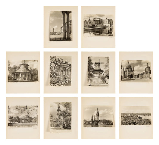 Max Baur, Potsdam: ten mounted black-and-white architectural and landscape photographs arranged in three rows