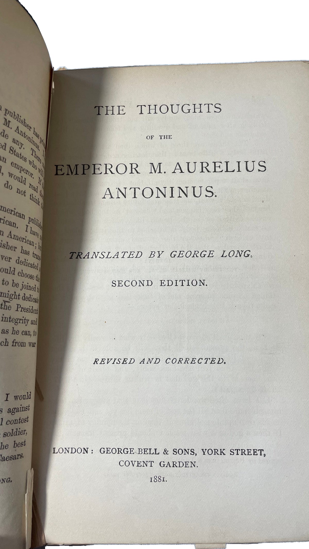 Title page of Thoughts of the Emperor Marcus Aurelius Antoninus, translated by George Long.