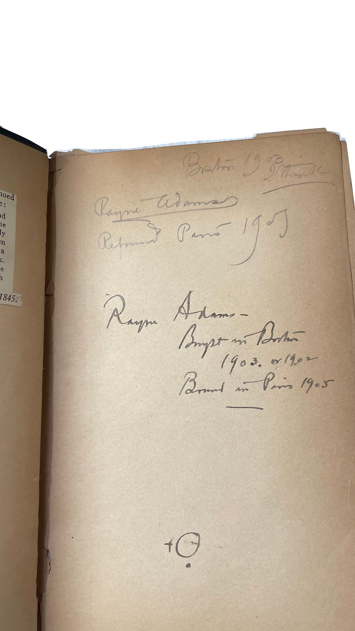 Brown endpaper of Thoughts of the Emperor Marcus Aurelius Antoninus, with handwritten ownership and binding notes.