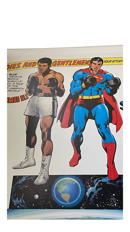 Interior illustration of Muhammad Ali and Superman wearing boxing gloves, above an image of Earth.