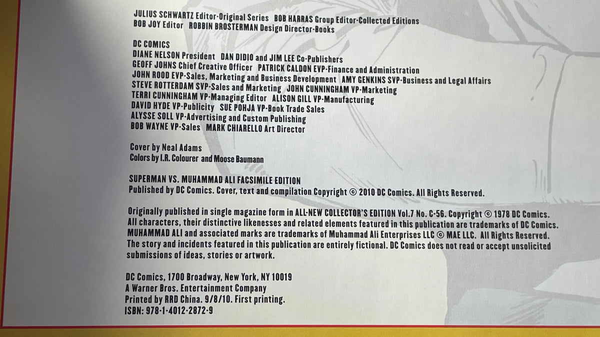 Copyright and credits page of Superman vs. Muhammad Ali, with pale artwork and a yellow-and-red border.