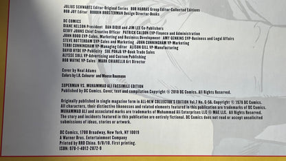 Copyright and credits page of Superman vs. Muhammad Ali, with pale artwork and a yellow-and-red border.