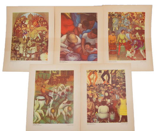 Five color reproductions of Diego Rivera frescoes arranged in two overlapping rows.