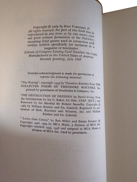 Slaughterhouse-Five copyright page showing Seventh printing, July 1969.