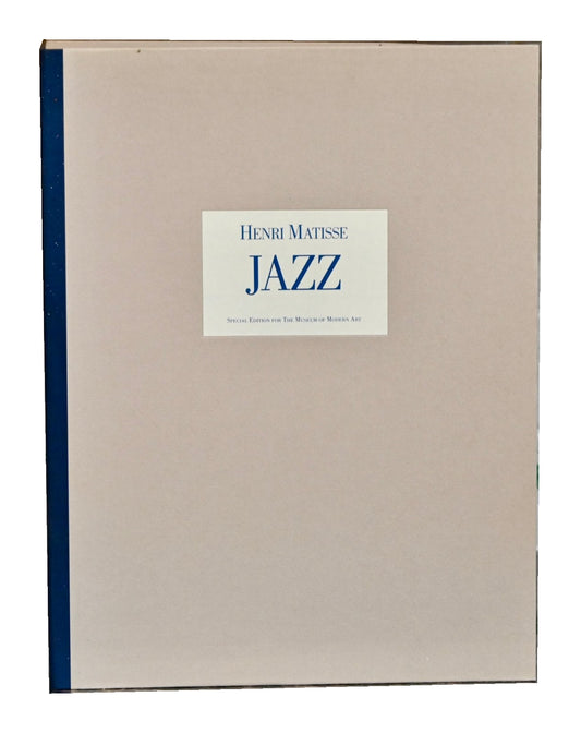 Front view of Henri Matisse's Jazz (1983 facsimile), showing a pale exterior, blue spine and centered title label.
