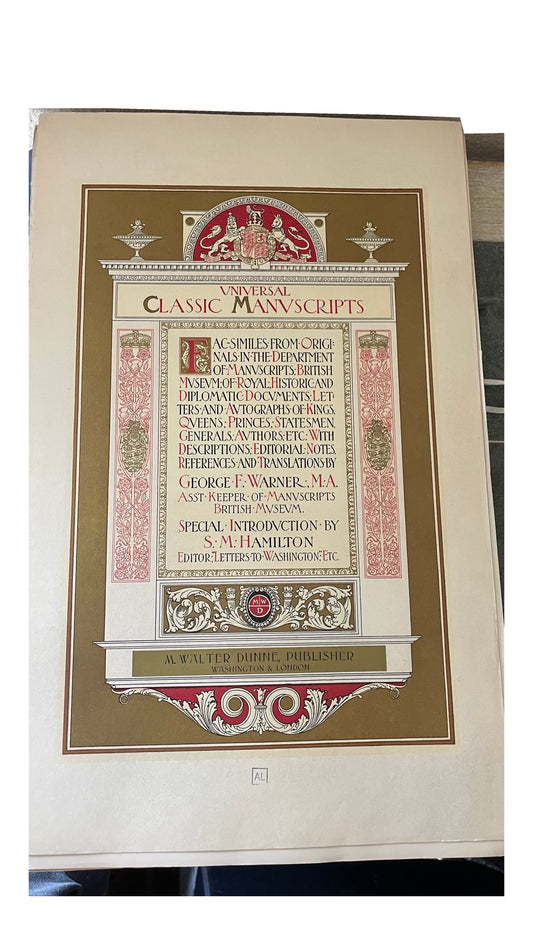 Decorative red, gold and black title sheet for Universal Classic Manuscripts, naming George F. Warner and S. M. Hamilton.