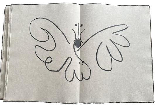 Open spread from Picasso and Cocteau's Picasso de 1916 à 1961 (1962), with a black-line bird across both pages.