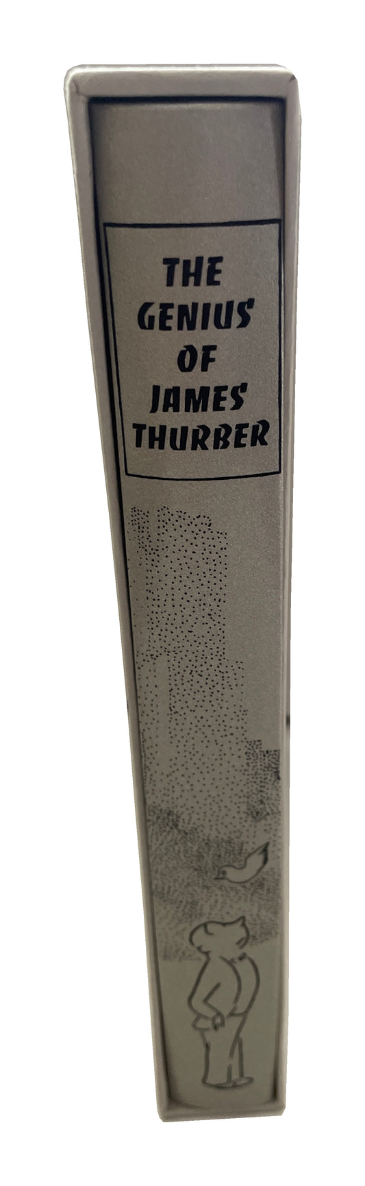 Spine of The Genius of James Thurber inside its pale slipcase, with black lettering and small bird and figure drawings.
