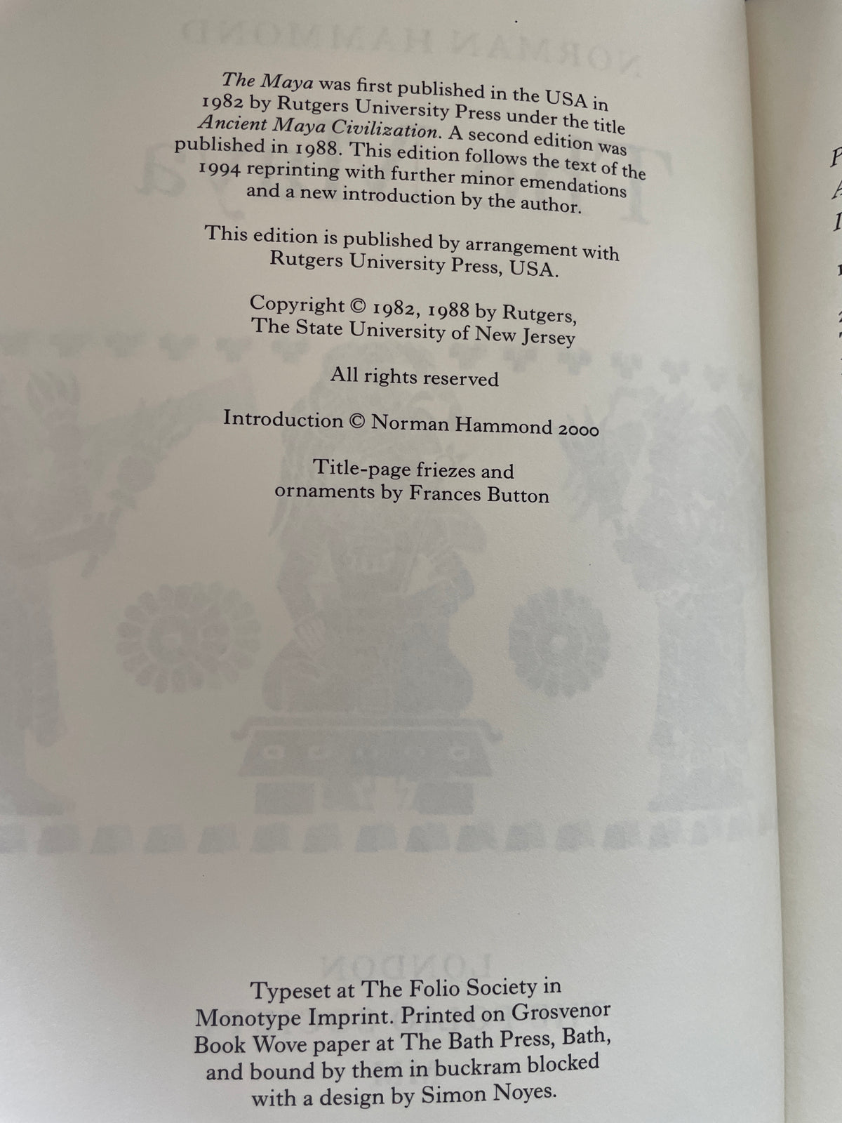 Copyright and production page of The Maya from Empires of Early Latin America, with reverse-side artwork showing through the paper.