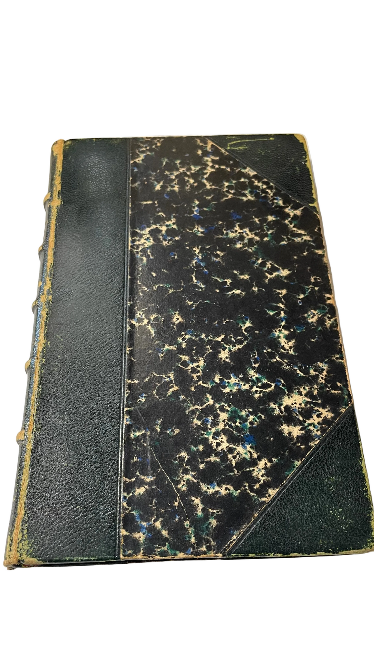 Green half-leather and dark marbled front cover of Thoughts of the Emperor Marcus Aurelius Antoninus.