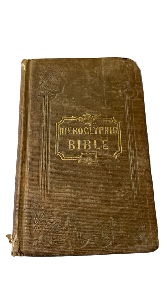 Brown embossed and gilt-lettered front cover of the Hieroglyphic Bible.