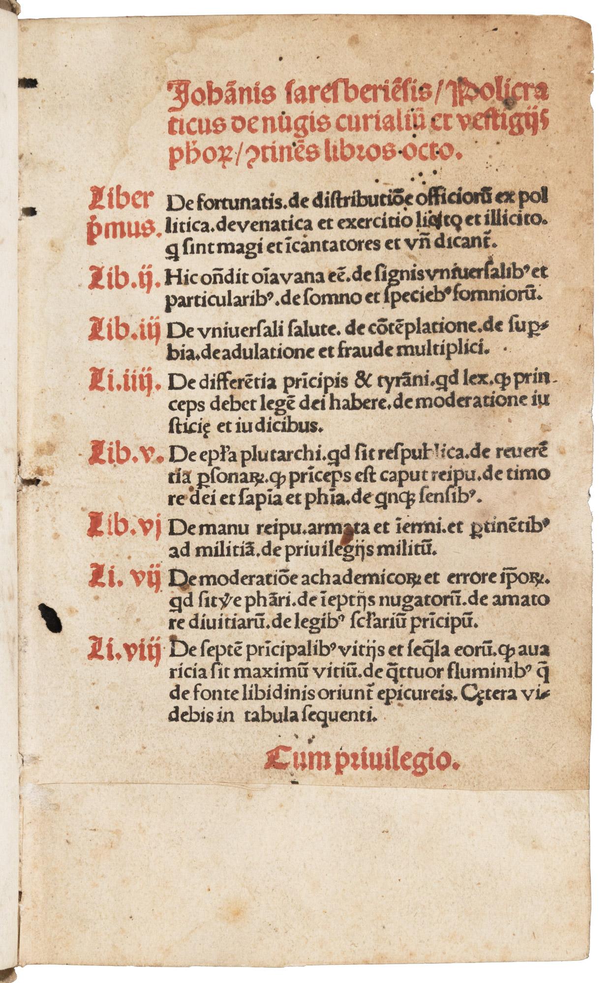 1513 John of Salisbury. Policraticus de nugis curialium et vestigiis philosophorum continens libros octo