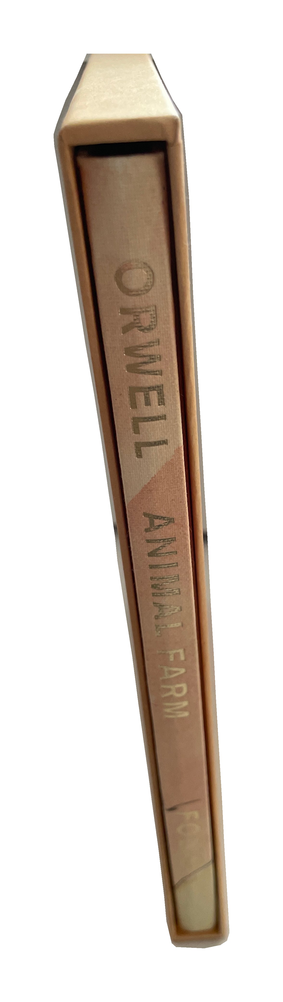 Spine of George Orwell’s Animal Farm in its orange-brown slipcase, with gold lettering and the Folio Society mark.