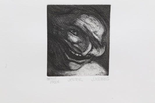 Jester print from James Kearns's The Performers, showing a darkly shaded face above pencil title, artist-proof notation and signature.