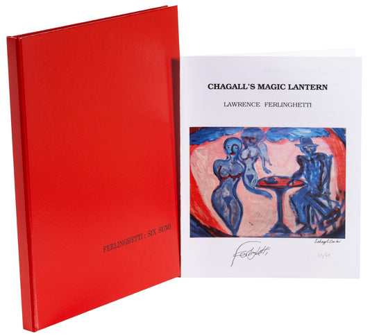 Lawrence Ferlinghetti: red Six Sumi portfolio beside the illustrated Chagall’s Magic Lantern broadside with handwritten signatures