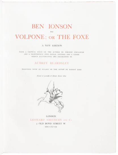 Title page of Ben Jonson's Volpone: or The Foxe, printed in red and black with a small winged-horse illustration.
