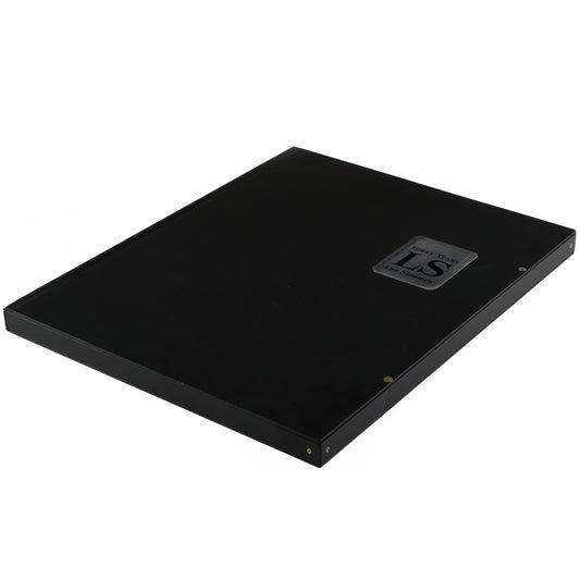 Lou Stoumen, Forty Years: angled black portfolio case with a silver-colored title label and small brass-colored fasteners