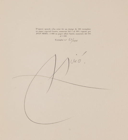 Numbered page from Joan Miró's Tapís de Tarragona (1972), showing 61/100 above large handwritten lettering.