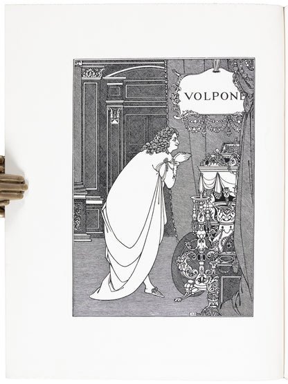 Black-and-white illustration in Volpone, with a robed figure leaning toward ornate vessels beneath a title cartouche.