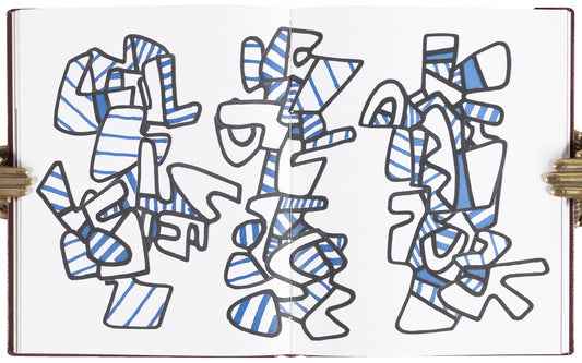 Open spread of Jean Dubuffet's La Botte à Nique (1973), with interlocking abstract shapes outlined in black and filled with blue stripes.