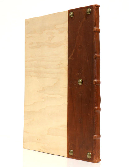 Cover of Biblia Latina with the Glossa Ordinaria (c. 1480), with a pale panel and five studs beside the brown spine on the right.