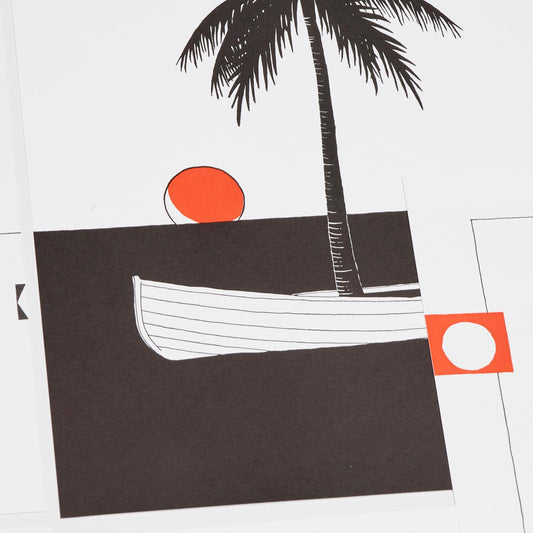 The Valise / La Valija: detail of a black palm tree, white boat and orange circle on overlapping printed sheets