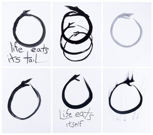 Lawrence Ferlinghetti, Six Sumi: six black-and-grey circular snake designs arranged in two rows, two with handwritten phrases