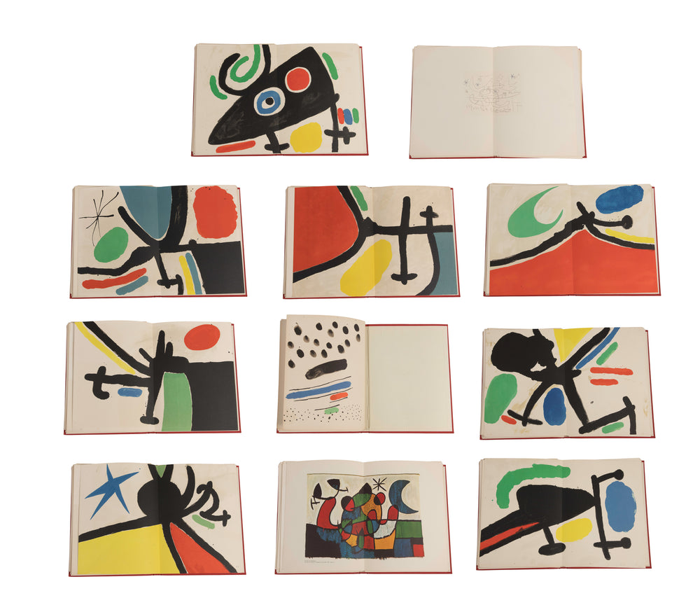 Grid of open spreads from Joan Miró's Tapís de Tarragona (1972), showing abstract shapes in black, red, blue, yellow and green.