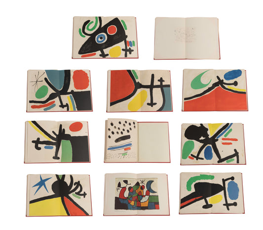 Grid of open spreads from Joan Miró's Tapís de Tarragona (1972), showing abstract shapes in black, red, blue, yellow and green.