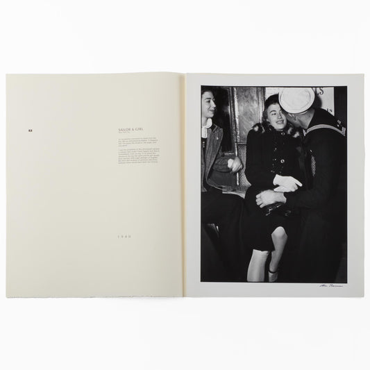 Lou Stoumen, Forty Years: open folder with Sailor & Girl text opposite a black-and-white photograph of a sailor beside two women