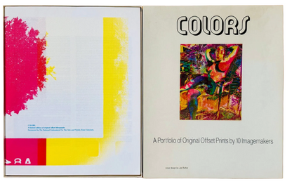Colors portfolio box and cover, with bright magenta-and-yellow design at left and a multicolored seated figure at right.
