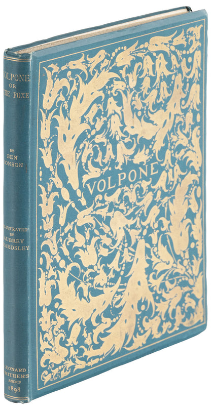 Angled view of Volpone: or The Foxe, with a blue-green cover decorated in gold-colored birds and foliage.