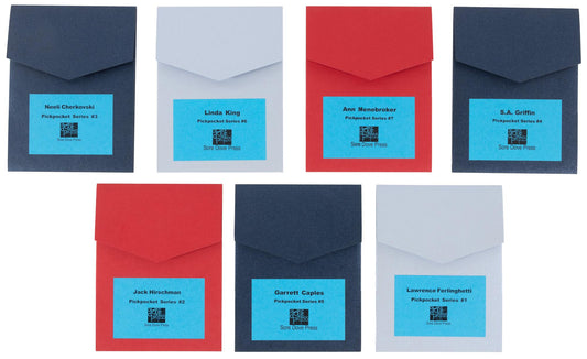 Pickpocket Series: seven red, navy and pale grey paper portfolios with turquoise author labels arranged in two rows