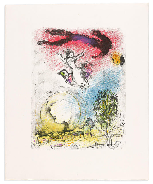 Color print of Marc Chagall's La Poésie (1976), showing a figure riding a bird above a large yellow circle and a tree.