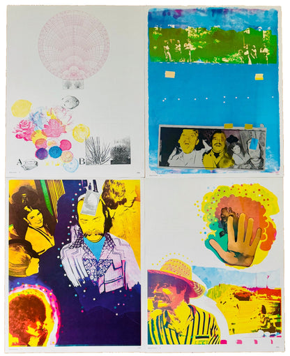 Four prints from Colors arranged in a grid, with flowers, a circular diagram and brightly colored photographic collages.