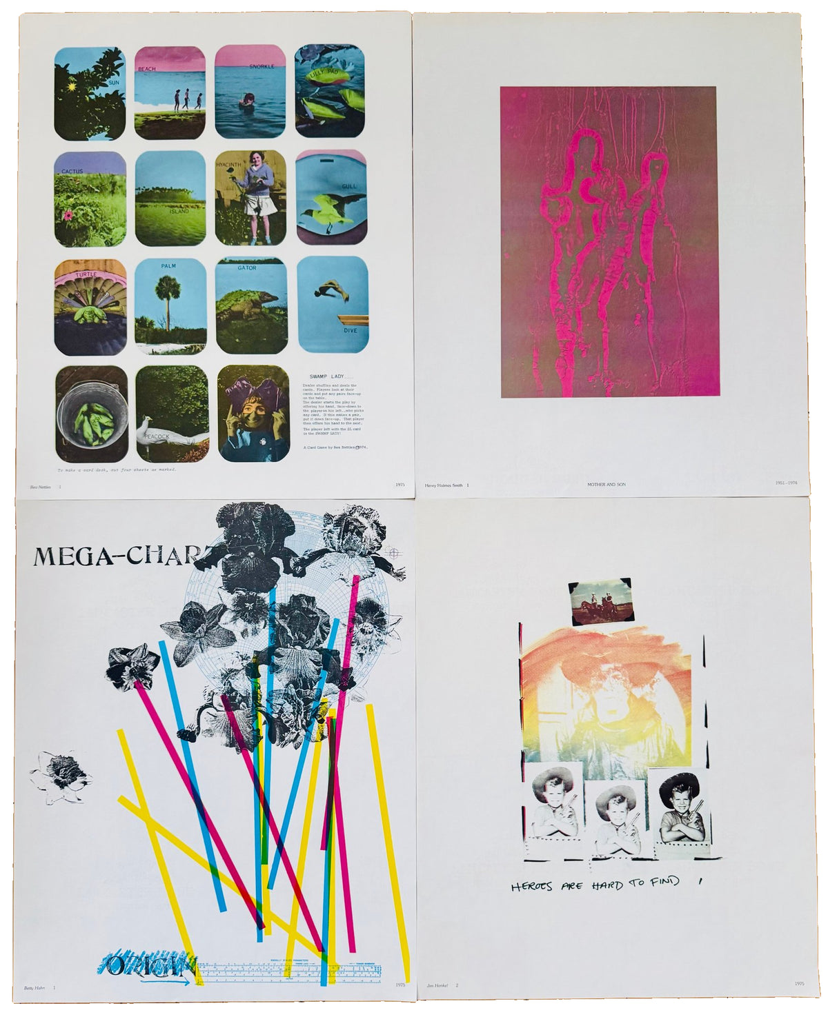 Four colorful prints from Colors arranged together, including a card-image grid, pink figures, flowers and a photographic collage.