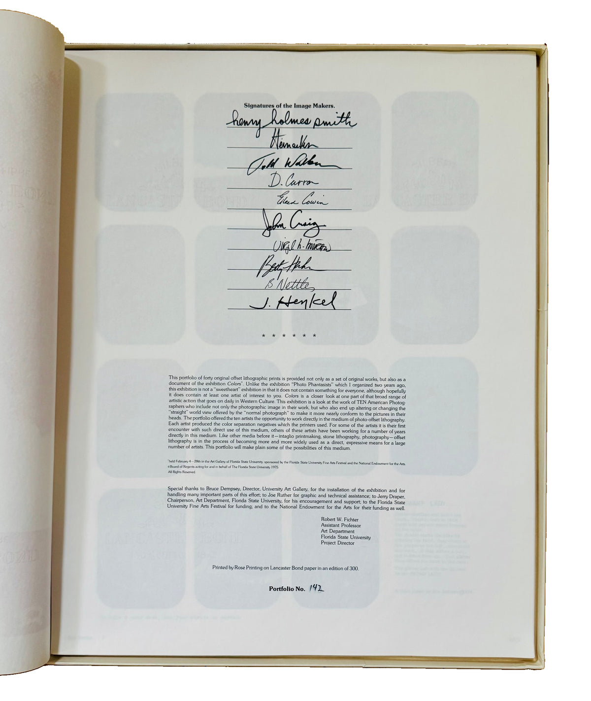 Colors portfolio signature sheet, headed Signatures of the Image Makers, with ten signatures, colophon text and handwritten portfolio number 142.
