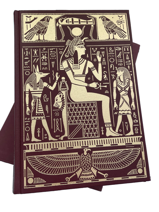 Burgundy front cover of The Egyptians with gold Egyptian figures and hieroglyphs, resting over its matching burgundy slipcase.