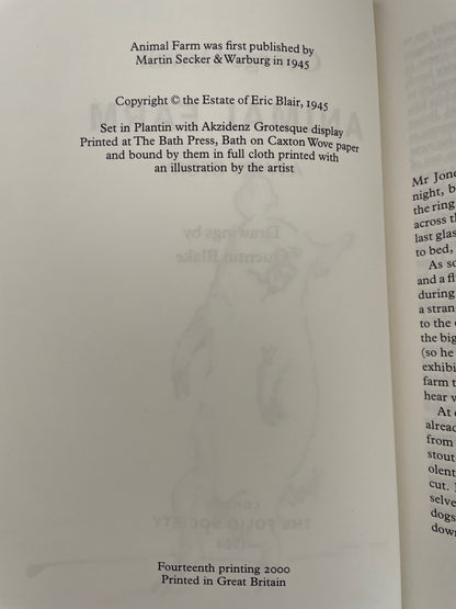 Publication page of Animal Farm, showing fourteenth printing 2000 and the paper, printing and binding credits.