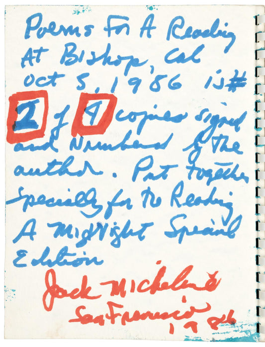 EXTREMELY RARE. Poems for a Reading at Bishop, CAL Oct. 5, 1986. Jack Micheline