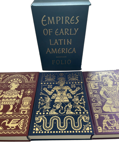 Three gold-illustrated cloth covers from Empires of Early Latin America laid side by side in front of the dark title-lettered slipcase.