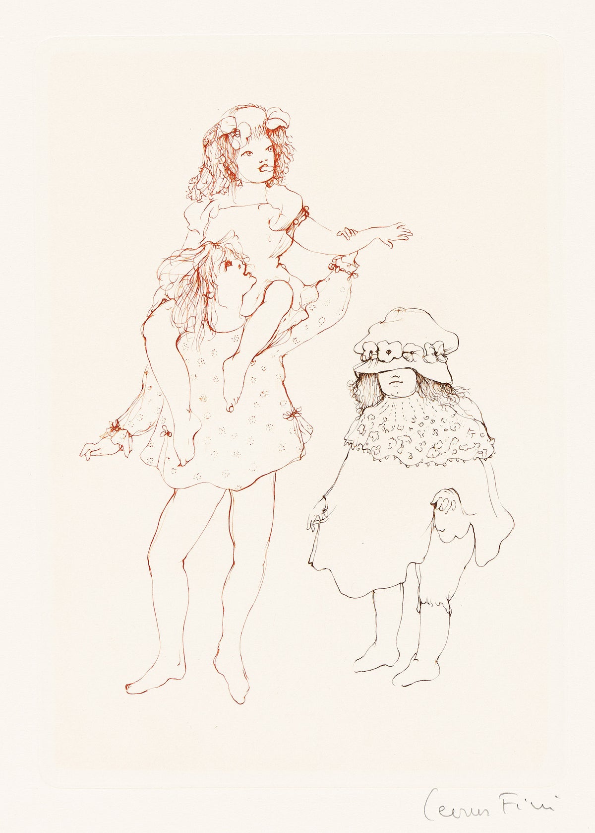 Leonor Fini, Les Petites filles modèles, 1973: signed color etching showing two figures; Swann photograph of copy 113.