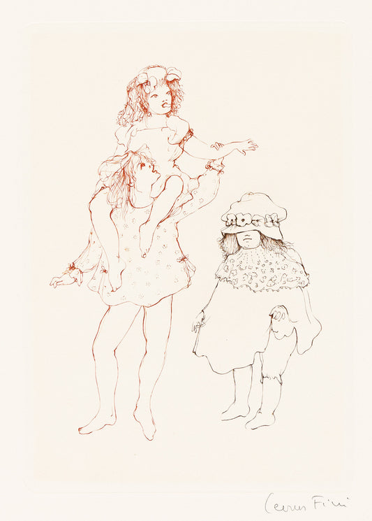 Leonor Fini, Les Petites filles modèles, 1973: signed color etching showing two figures; Swann photograph of copy 113.