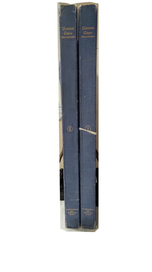 Two tall blue-cloth Universal Classic Manuscripts portfolios, numbered 2 and 1, standing side by side.