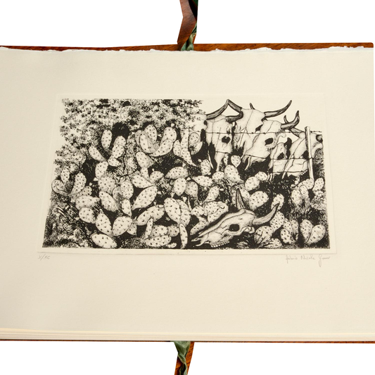 La Sicile: black-and-white print of horned skulls among prickly pear cacti, with pencil numbering and signature